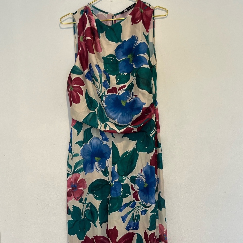 Zara Long Floral Satin Wide-Leg Jumpsuit Size Large - Picture 2 of 9